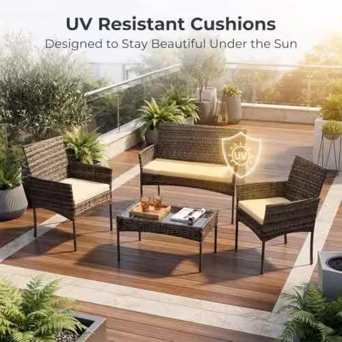 Alivio 4 Piece Rattan Furniture Set with Coffee Table, 2 Seater Sofa, Armchairs and Cushions, Grey and Black – 5
