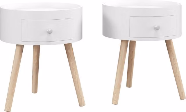 HOMCOM Set of 2 Modern Round Side Tables with Drawer and Wood Legs, White