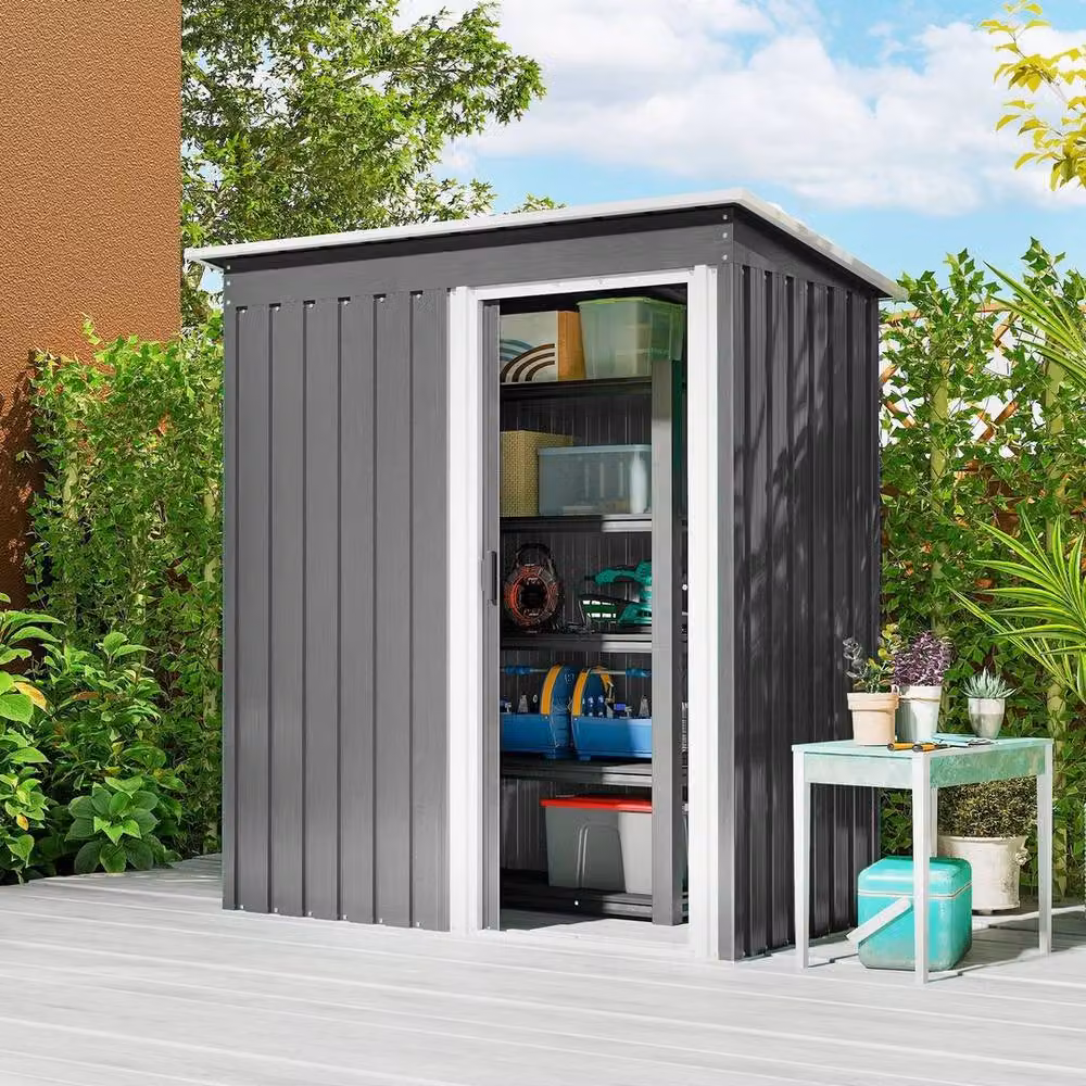 SPETLEK Grey Metal Garden Storage Shed with Sliding Door and Sloped Roof – 4