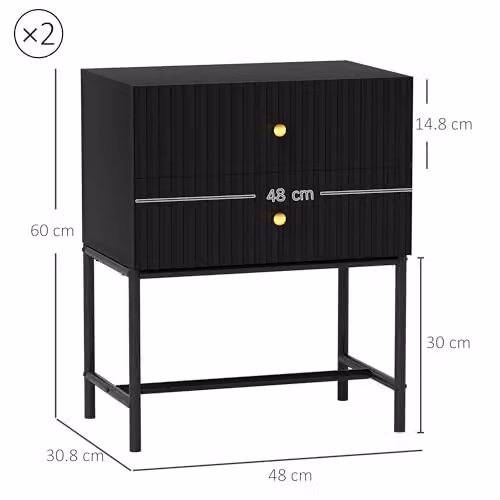 HOMCOM Modern Bedside Table Set of 2 with 2 Drawers in Black and Gold – 3