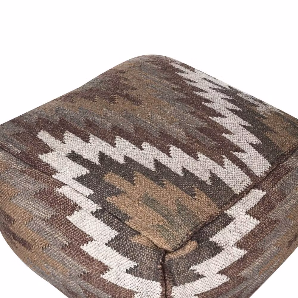 Wyld and Coco Handwoven Geometric Jute and Wool Pouffe in Multicolour Beige, W/D/H: 50 x 50 x 30 cm – 3