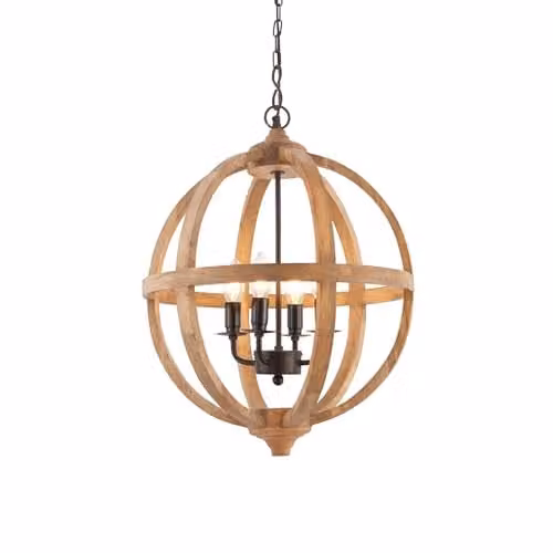 Netlighting Toba 4 Light Spherical Pendant Light in Brown Mango Wood and Dark Bronze Paint, H 80 cm x W 43 cm x D 43 cm