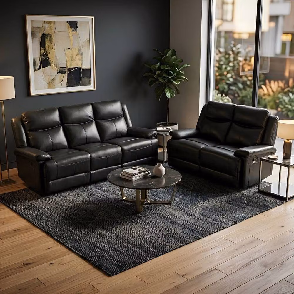 HOME LUXE INTERIOR Casper Black Leather 3 and 2 Seater Manual Recliner Sofa Set Pack – 2