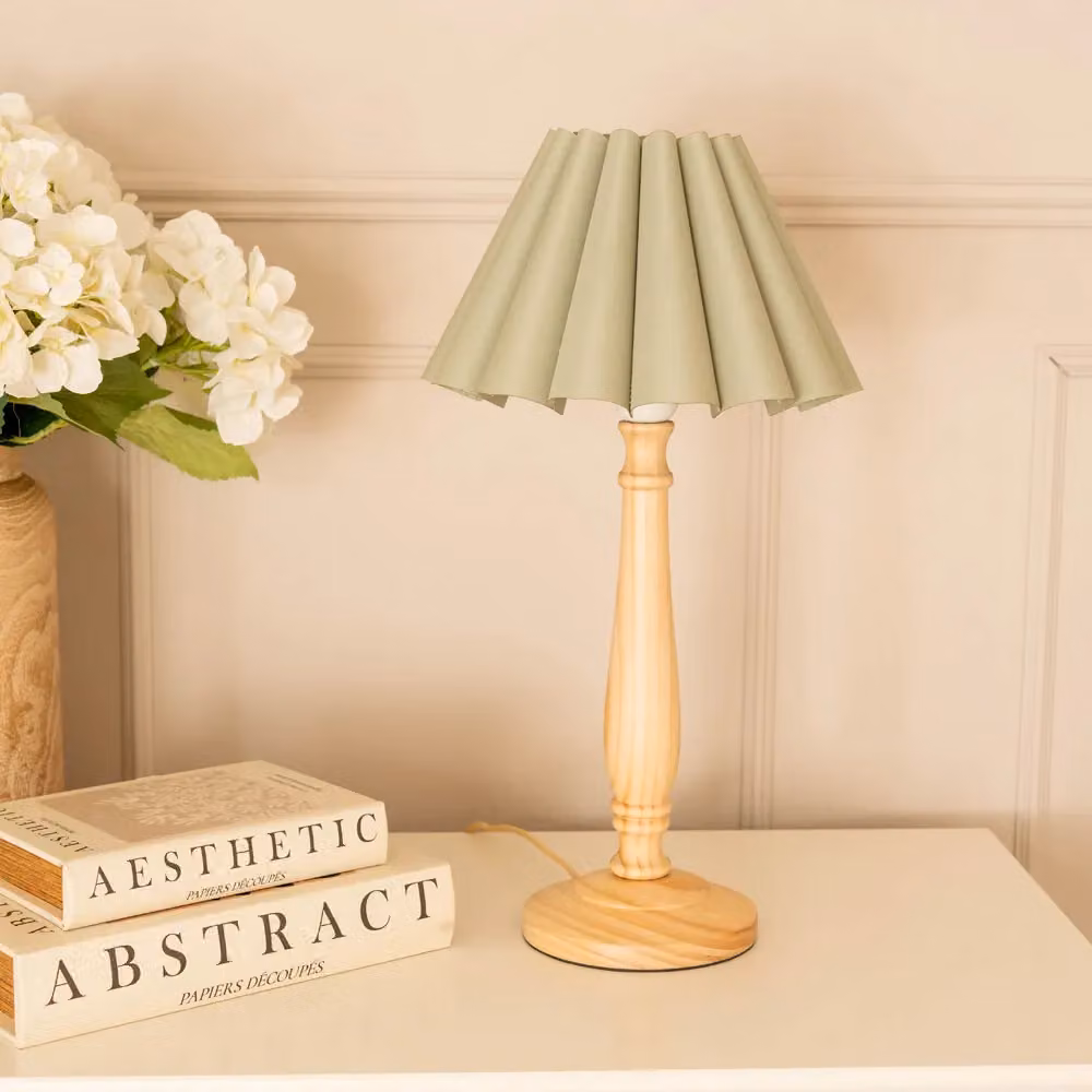 ValueLights Victoria Wood Candlestick Table Lamp with Green and White Scallop Tapered Fabric Shade and LED Bulb – 2