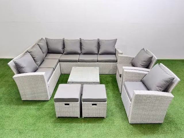 Fimous 10 Seater L-Shape Corner Garden Sofa Set in Light Grey with Coffee Table and Ottomans