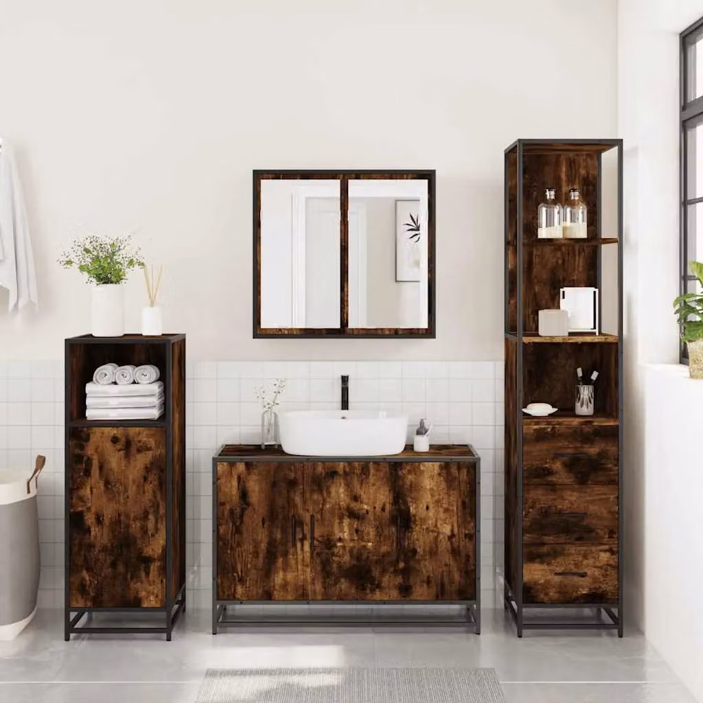 Berkfield Home 3 Piece Industrial Bathroom Furniture Set in Smoked Oak Brown – 3