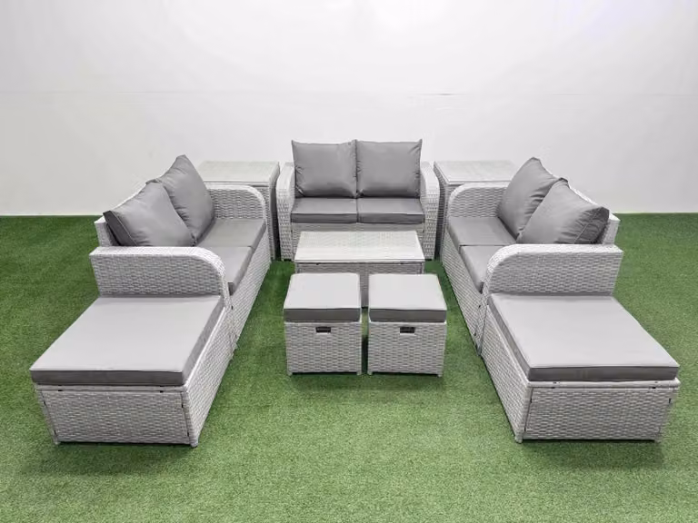 Fimous 10 Piece U-Shape Outdoor Garden Furniture Set in Light Grey with Coffee Table, 3-Seater Sofa, 2-Seater Sofa, Ottoman and Cushions