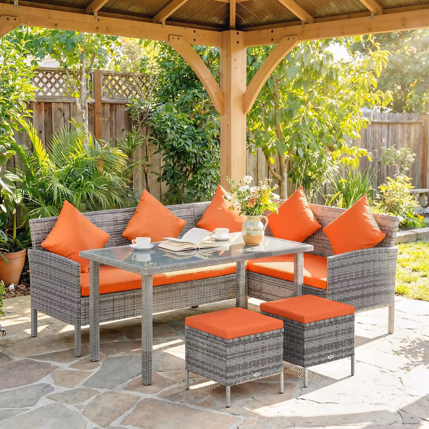 Outsunny 6-Seater Rattan Garden Dining Set with Cushions and Glass Table, Orange – 2