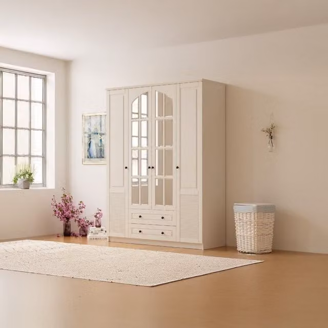 EVUHOME Elise XL White Mirrored Wardrobe with 4 Doors and 2 Integrated Drawers, H 210 x W 140 x D 52 cm