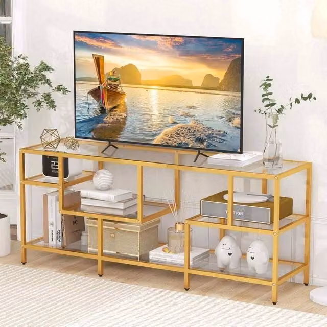 KORVIXA Modern Gold Metal Entertainment Center TV Stand W/D/H: 100 x 100 x 100 cm