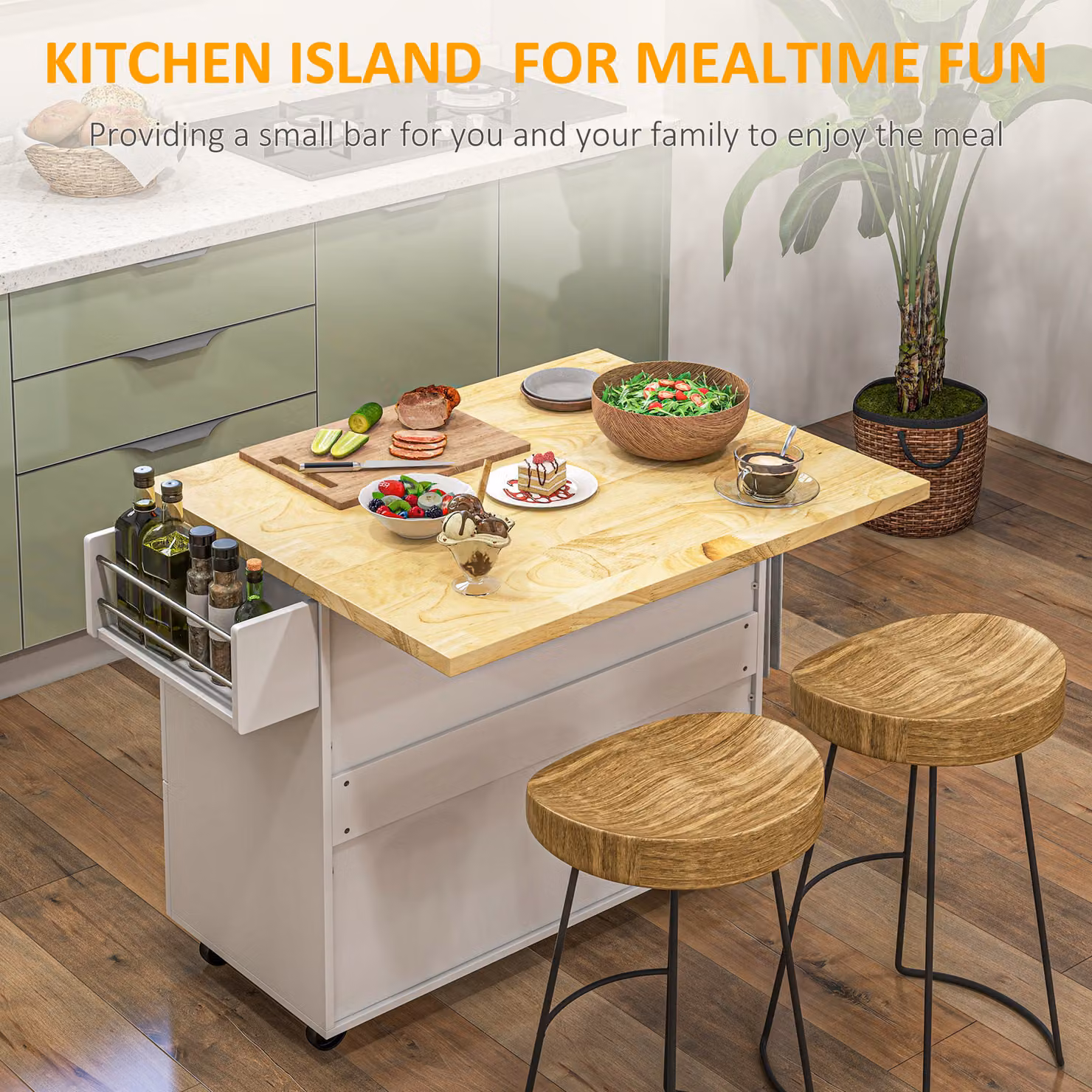 HOMCOM White Drop-Leaf Kitchen Island on Wheels with Utility Storage Cart, Drawers and Cabinet – 2