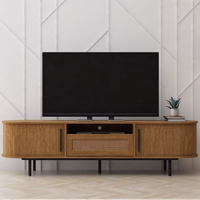 Kidsaw Modern Oak and Rattan TV Cabinet in Beige, Yellow and Brown