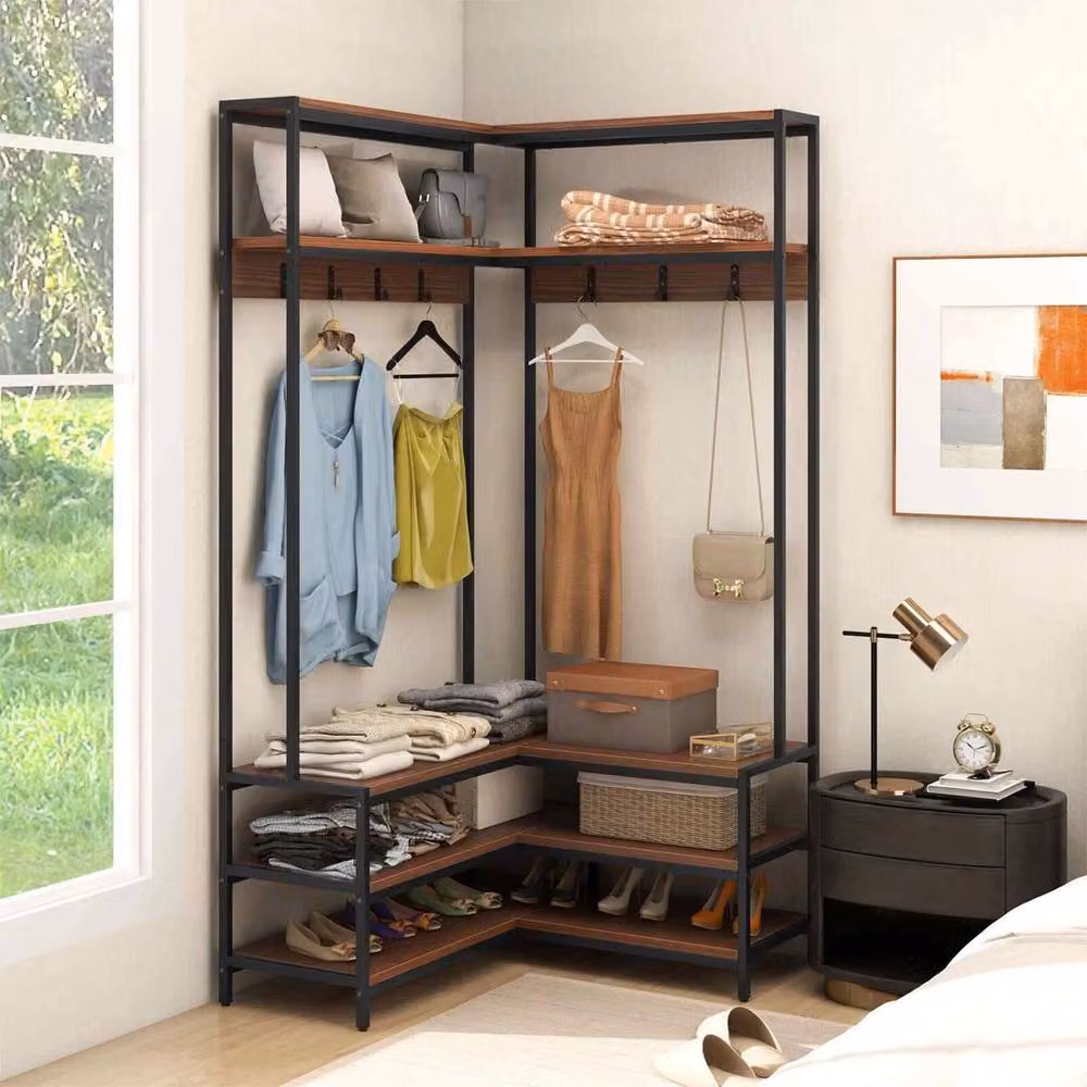 VOGREX Walnut L-Shaped Metal Clothes Rail with 7 Hooks in Brown and Black – 3
