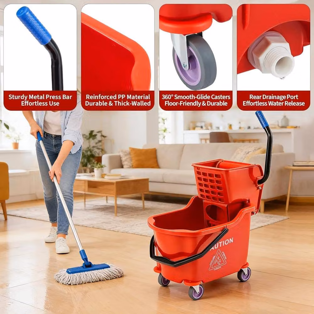 London Boutique 32L Commercial Mop Bucket with Side Press Wringer in Red – 3