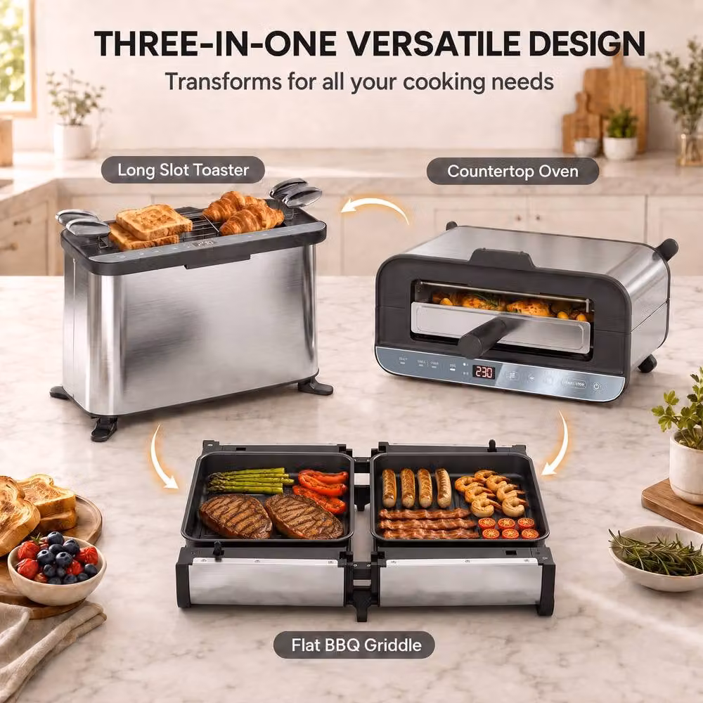 HOMCOM 3-in-1 Electric Mini Oven, Long Slot Toaster and Tabletop Grill with Digital Display in Silver Stainless Steel – 4