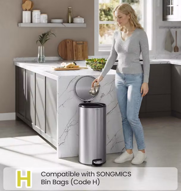 SONGMICS Silver Stainless Steel Round Pedal Kitchen Bin with Soft-Close Lid and Removable Inner Bucket