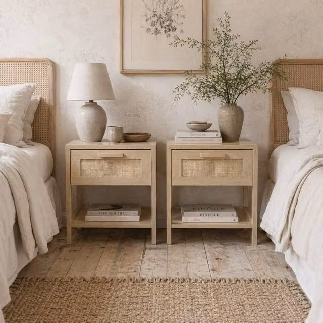 Wyld Haus Vicoha Set of 2 Natural Rattan Bedside Tables with Drawer and Open Shelf, Beige/Sand/Brown, W/D/H: 40 x 40 x 48 cm