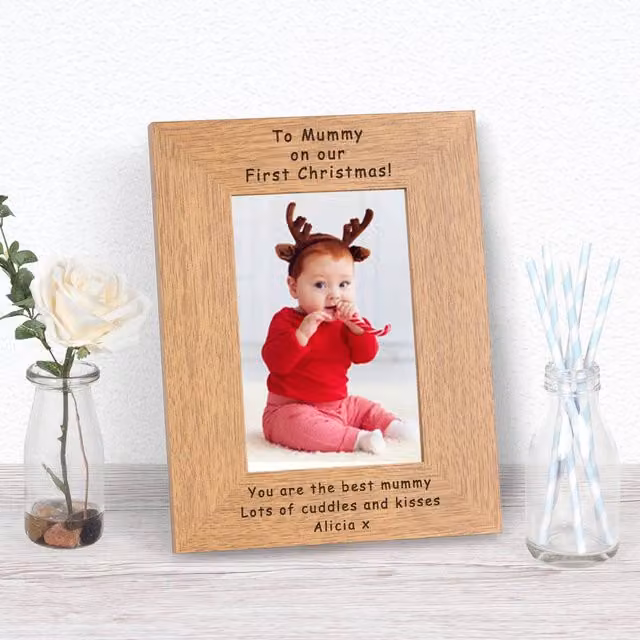 Uniqueful Personalised To Mummy On Our First Christmas Wooden Picture Frame, Brown, W: 10 cm, H: 15 cm