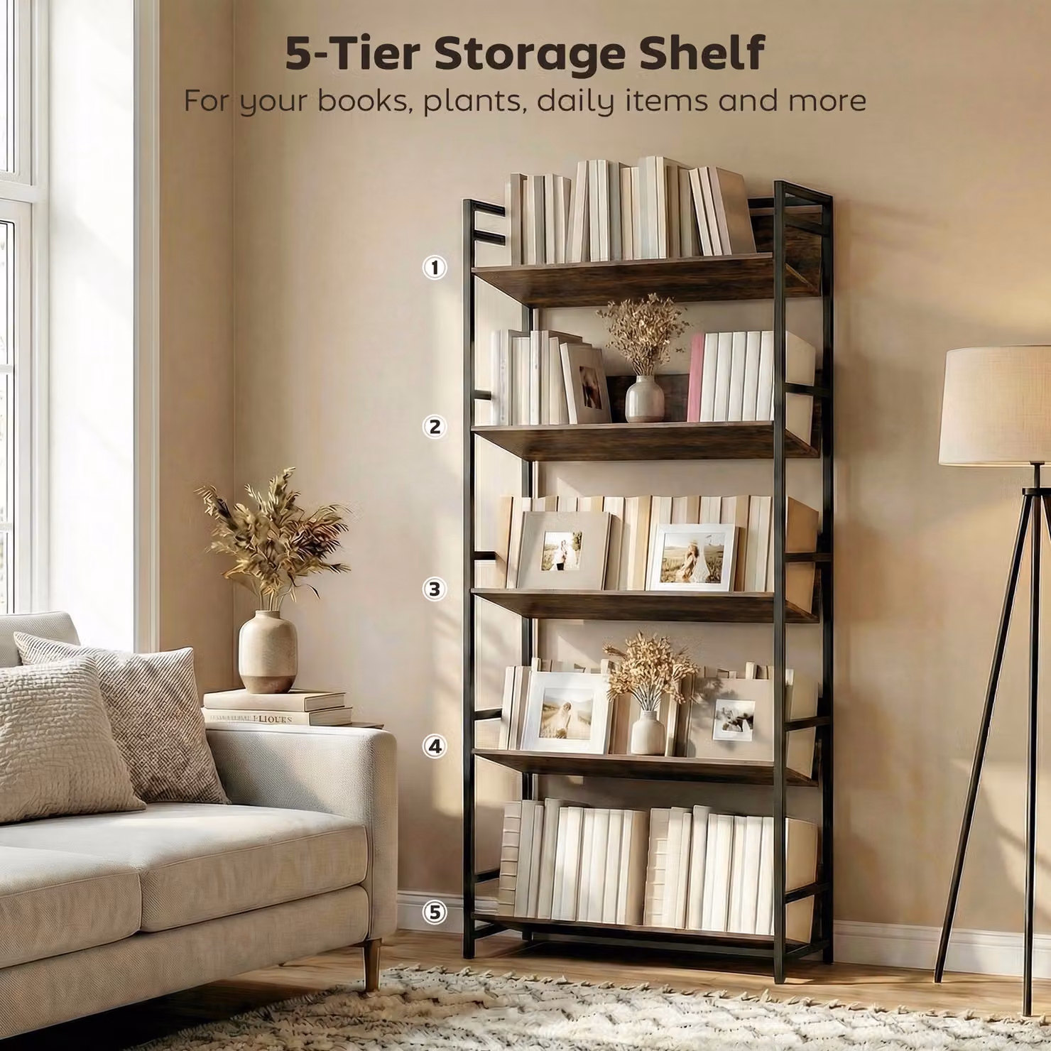 HOMCOM 5-Tier Metal Frame Bookshelf and Room Divider in Rustic Brown – 4
