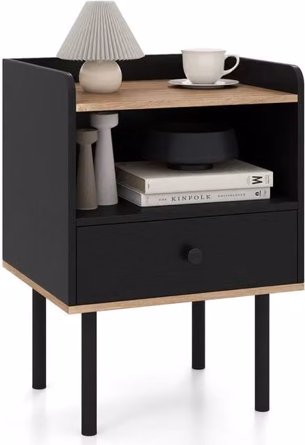 Gymax Modern Black Nightstand Bedside Table with Open Storage Shelf and Drawer – 1