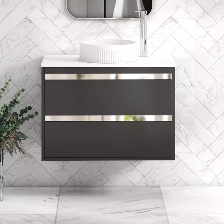 Royal Bathrooms Orion 800mm Matt Obsidian Black Wall Hung Vanity Unit with 2 Drawers, Plain White Countertop and Round Basin