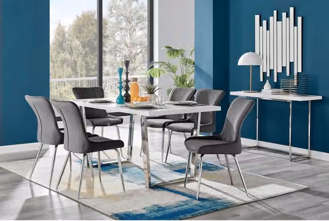 FurnitureboxUK Kylo White High Gloss Rectangular Dining Table with 6 Nora Silver Leg Chairs in Dark Grey