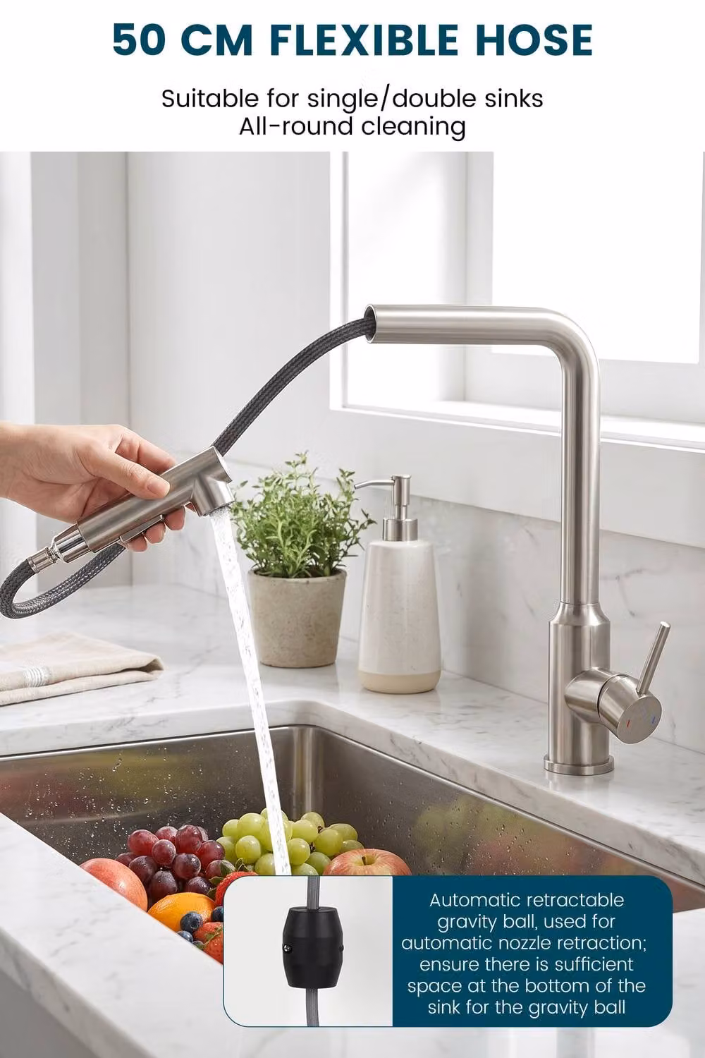 JANLEMNY Stainless Steel Kitchen Mixer Tap with 360 Degree Swivel Spout and Spray Function in Brushed Silver, W: 100 cm, D: 40 cm – 5