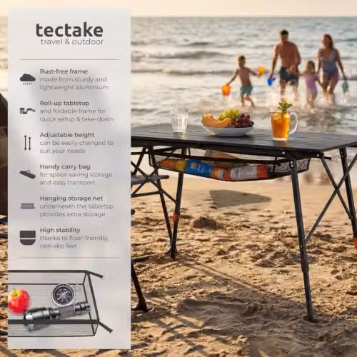 tectake Folding Camping Table, Black, W: 90 cm, D: 52 cm, H: 47-70 cm – 4