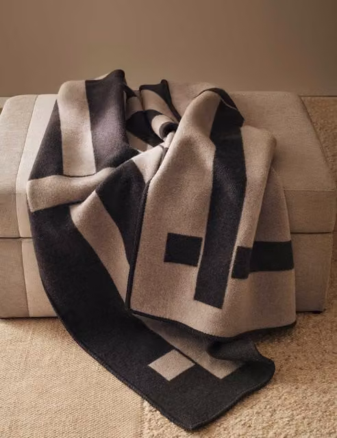 M&S x Kelly Hoppen Design Geometric Reversible Grey Wool and Polyester Throw