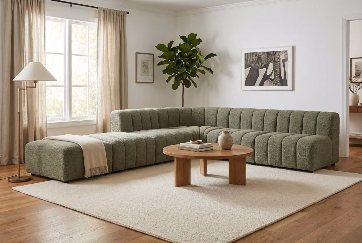 Araco Atelier Leo Left-Facing L-Shape Corner Sofa in Bouclé Fabric, Beige or Green