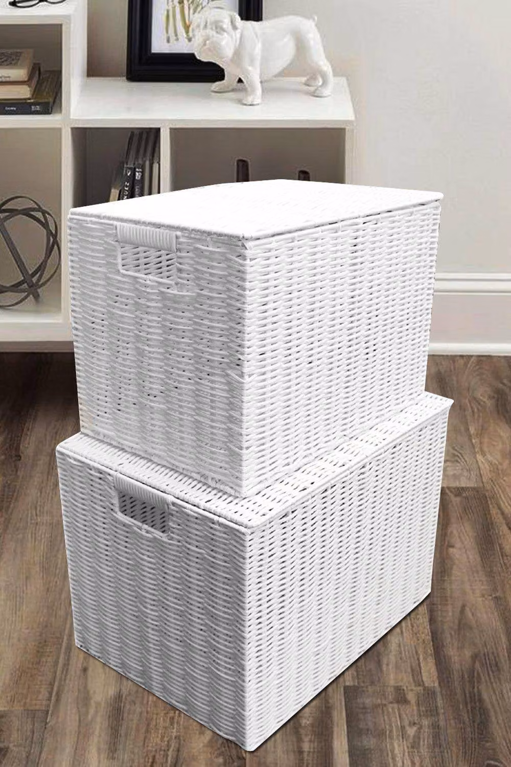 Arpan Resin Woven Laundry Hamper and Toy Storage Chest Set in White, 1 x Large and 1 x Medium – 3