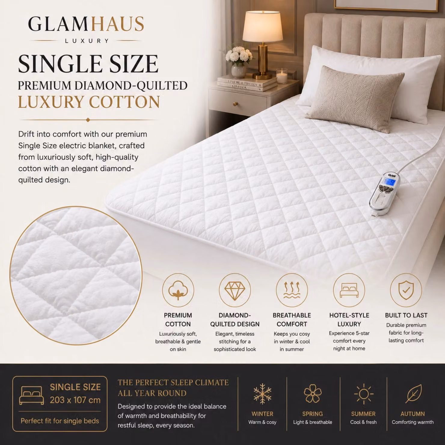 Glamhaus White Single Heated Fitted Mattress Cover Electric Blanket W/D/H: 90 x 200 cm – 3