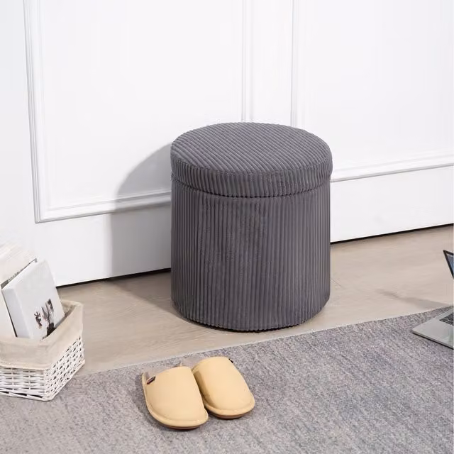 HOMCOM Round Corduroy Storage Ottoman Stool with Lid in Grey