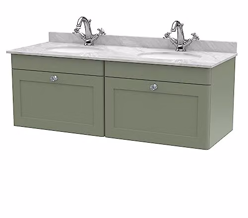 nuie Classique CLC894GR2 Wall Hung 2 Drawer Unit with Double Marble Top and Round Basin, Satin Green/Grey