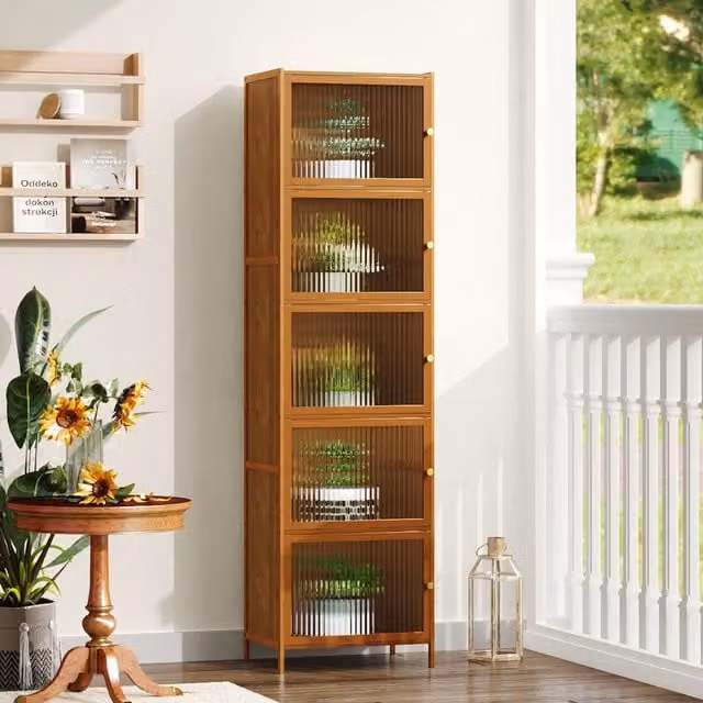 Livingandhome Modern Brown Corner Storage Cabinet with Glass Doors and Internal Shelves
