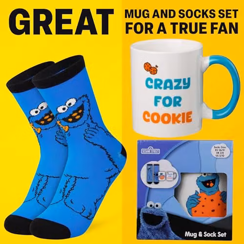Get Trend Sesame Street Cookie Monster Ceramic Mug and Crew Socks Gift Set, Multicolour, 340ml – 2