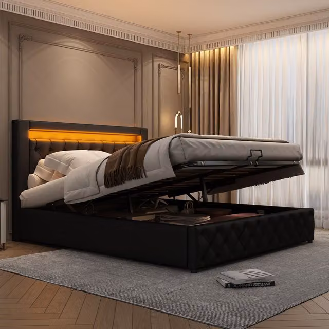 Matteo Upholstered Bed with Slatted Frame, Lift-Up Storage and LED Lighting, Black and Beige W/D/H: 135 x 190 cm – 1