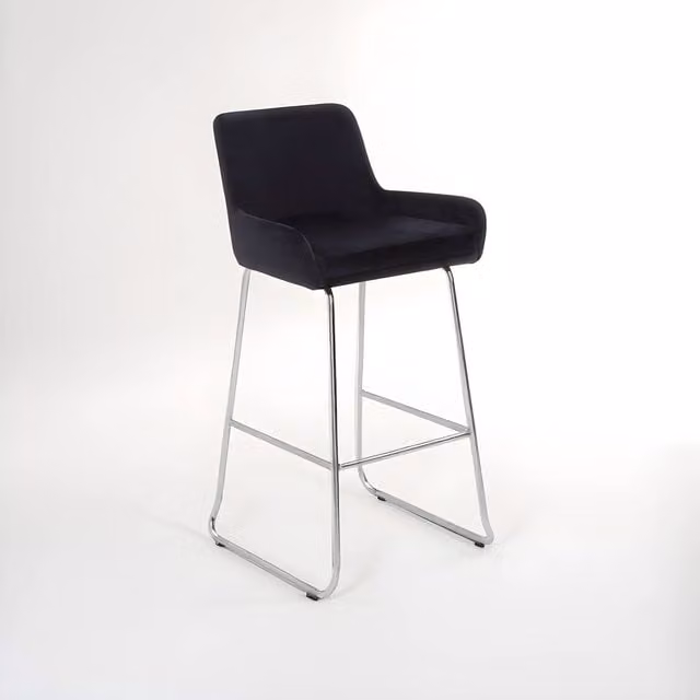 Orsina Black Velvet Bar Chair with Low Arms and Chrome Sled Base, W/D/H: 54 x 59 x 107 cm – 1
