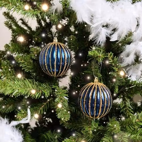 Melody Maison Set of 2 Blue and Gold Striped Glitter Hanging Christmas Baubles, Diameter: 8 cm