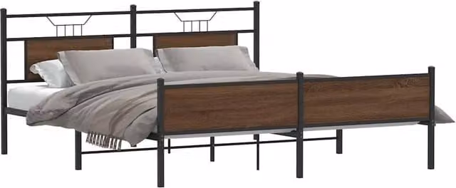 Berkfield Home Metal and Wood Bed Frame in Brown Oak, W/D/H: 160 x 200 cm – 1