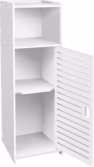 Nordara White Corner Bathroom Cabinet with Hinged Doors and Open Shelf, W/D/H: 70 x 23 x 65 cm