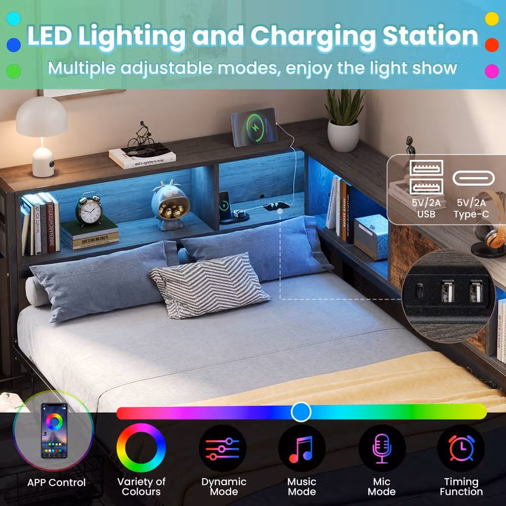 ModernLuxe Single Bed Frame in Brown with LED Lighting, USB Charging Port, Drawers and L-Shaped Storage Headboard, W/D/H: 90 x 190 x 111 cm – 7