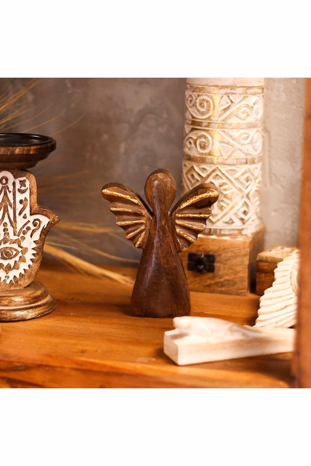 KDMD Medium Mango Wood Angel Tabletop Decor with Gold Finish in Brown, H: 16.0 cm, W: 12.0 cm, D: 12.0 cm – 3