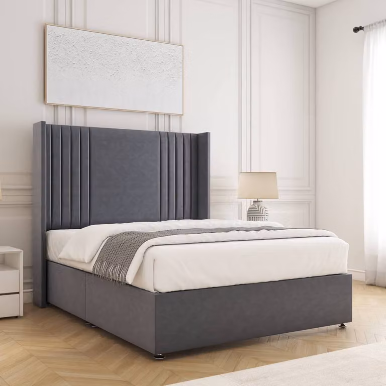 BSSPOKE Cheshire Divan Bed with 54 inch Headboard and 10 inch Mattress in Charcoal Grey Plush Velvet, W/D/H: 90 x 190 cm