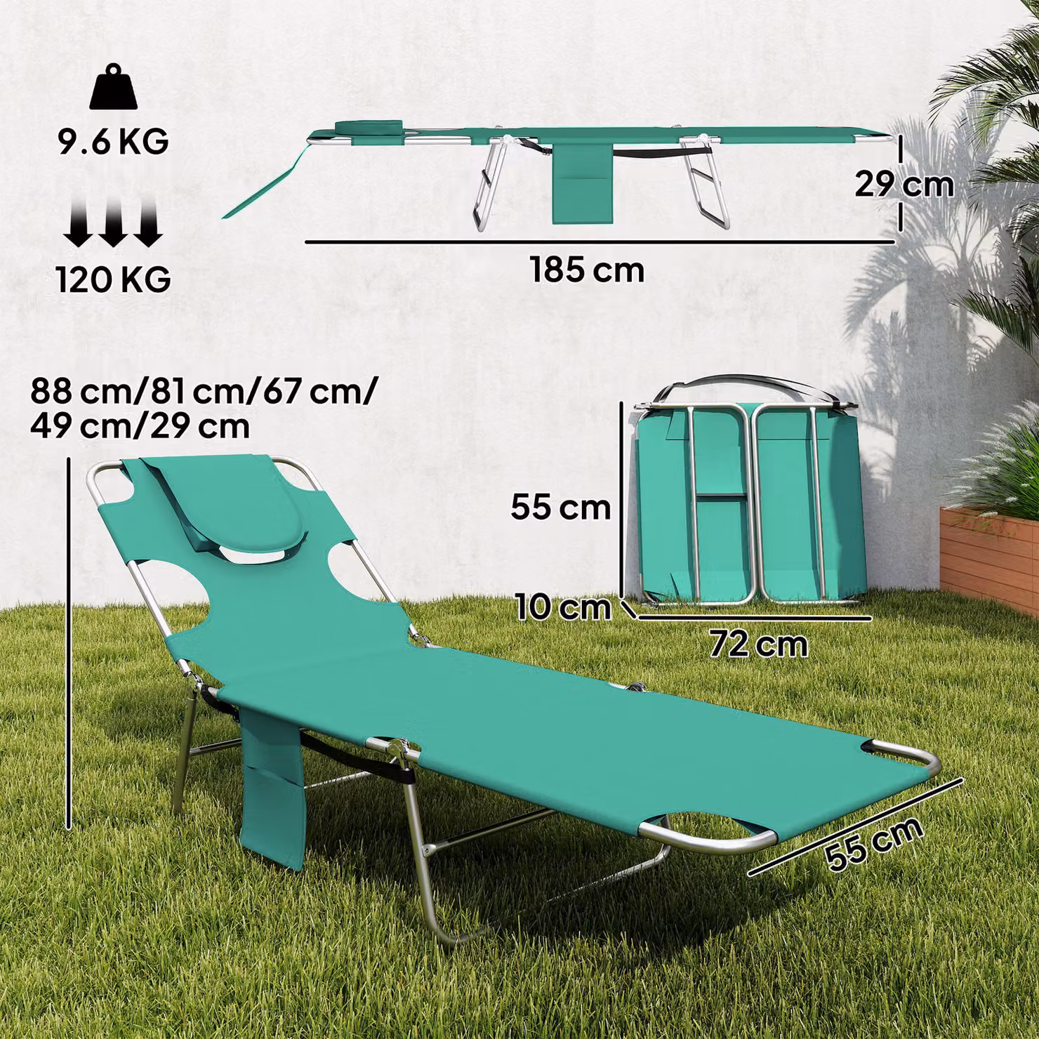 Outsunny Set of 2 Adjustable 5-Position Sun Loungers in Green with Textilene Fabric and Powder Coated Steel Frame – 3