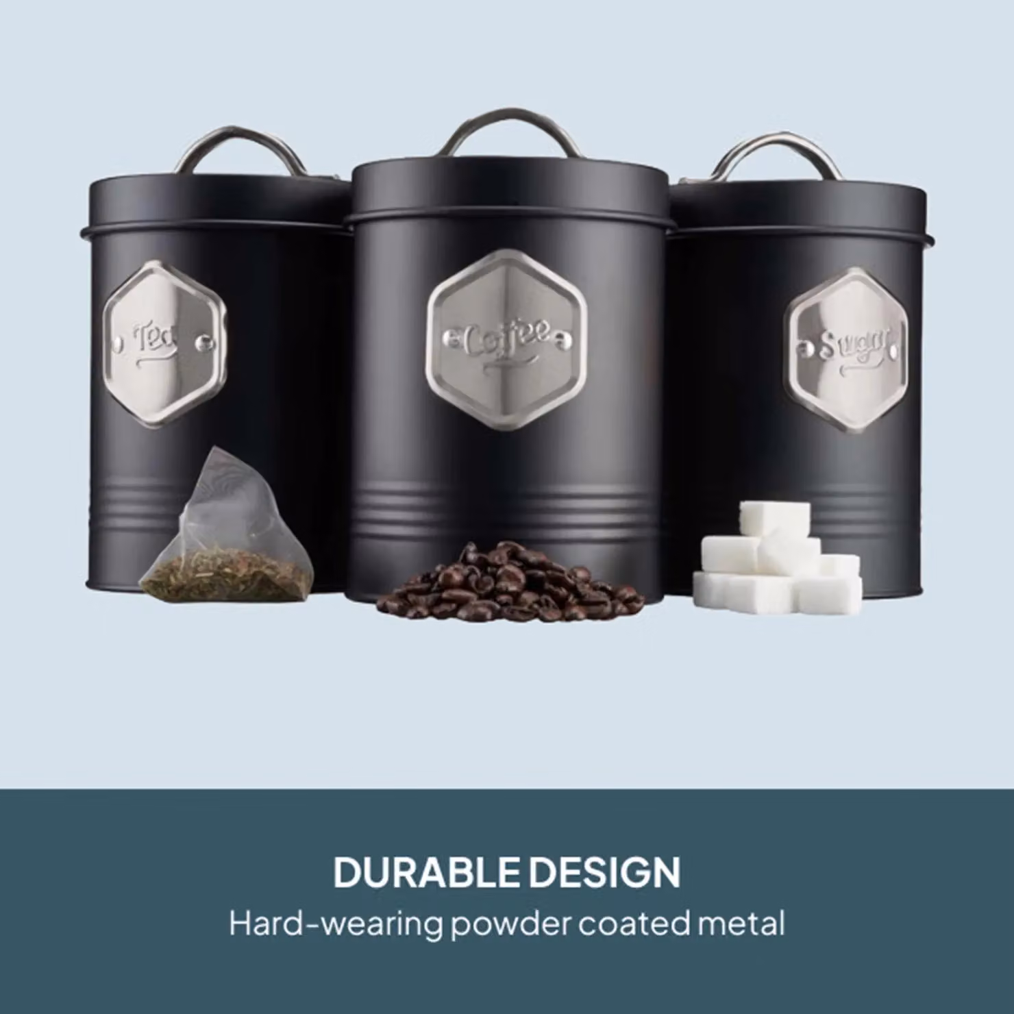 Cooks Professional 3-Piece Tea, Coffee and Sugar Airtight Canister Set in Black and Silver – 4
