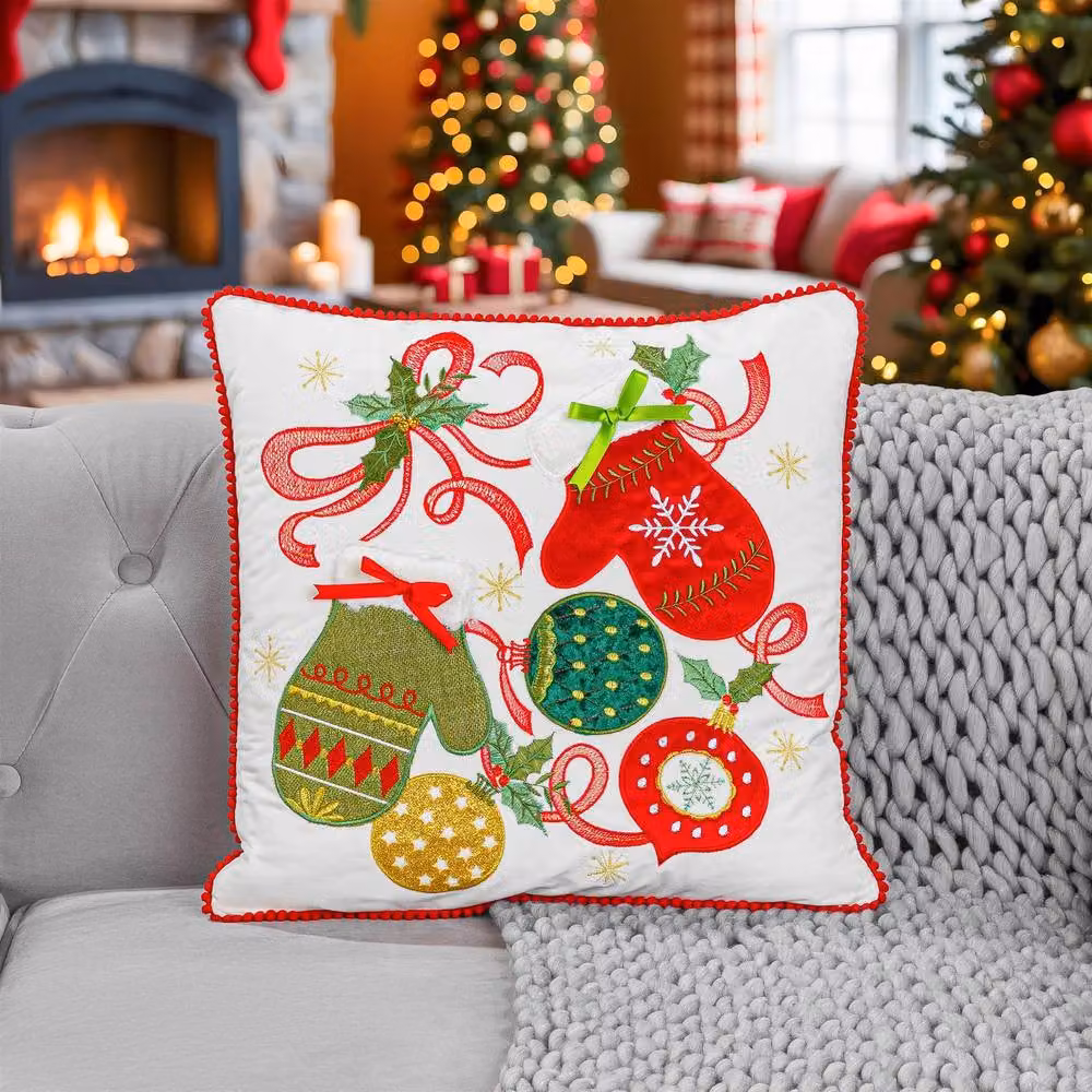 Luxury Living Embroidered Christmas Cushion in Cream with Mittens, Baubles and Bell, W/D/H: 45 x 45 x 45 cm – 2