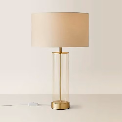 ValueLights Balan Glass and Gold Table Lamp with Beige Fabric Drum Shade – 1