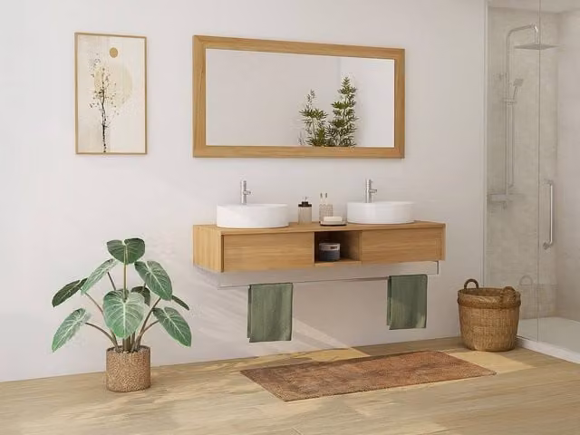Vente-unique Suspended Teak Bathroom Vanity Unit with Towel Rail and Double Round Sinks in Light Oak