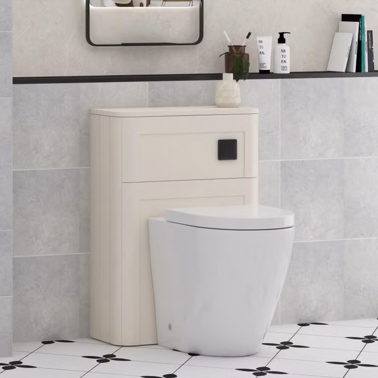 Royal Bathrooms Henley 550mm Mushroom Cashmere Wall Mounted WC Unit with Elva Rimless Short Projection Ceramic Toilet Pan, Seat and Cistern
